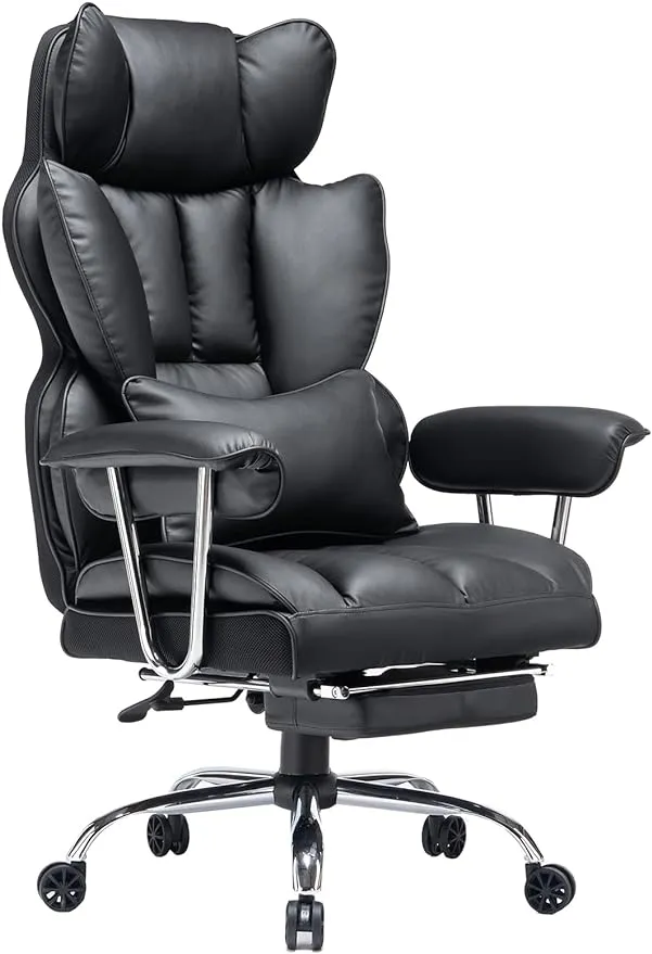 Efomao Desk Office Chair,Big High Back PU Leather Computer Chair,Executive Swivel Chair with Leg Rest and Lumbar Support,Black Office Chair