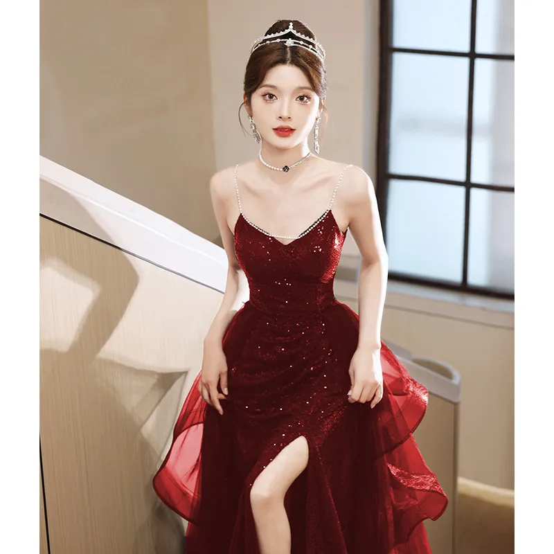 2024 Modest red prom dress with long side split, lace applique, sequins,  beaded details, and ruched pleats from Dhgate Prom Dresses - price 367.39