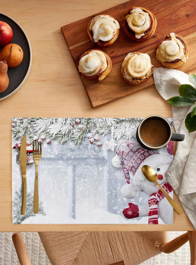 Table Mats 4/6 Pcs Christmas Winter Snow Scene Snowman Kitchen Placemat Dining Decor Mat Home Bowl Cup