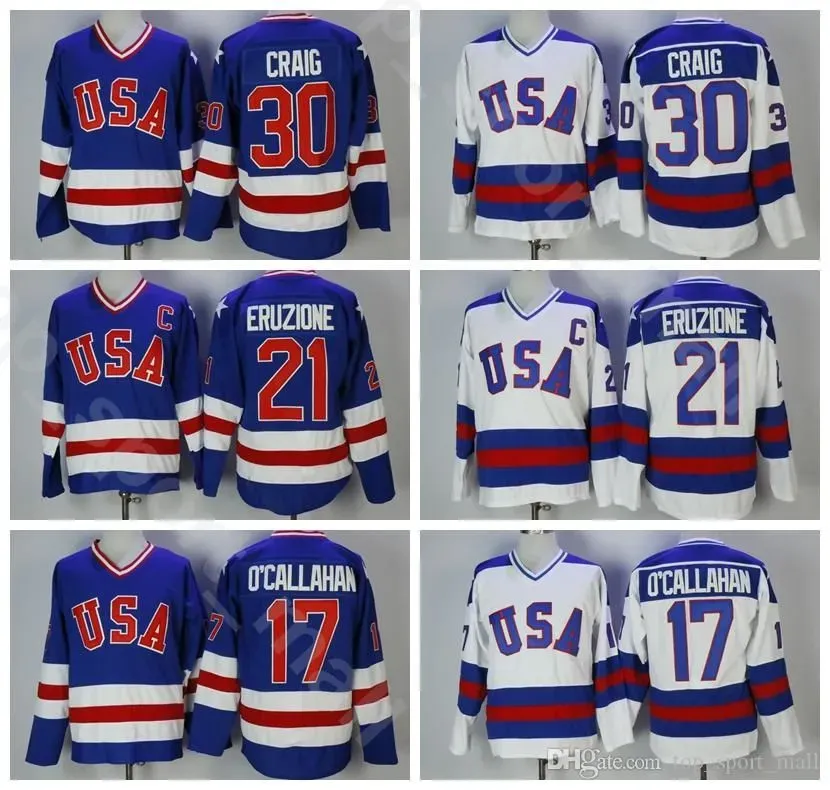 Hotsell College wear Vintage ijshockey 1980 USA Jersey Heren College Blauw Wit 17 Jack Ocallahan 30 Jim Craig 21 Mike Eruzione Allemaal gestikt