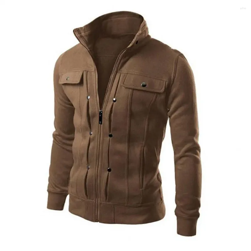 Vestes pour hommes Élégant Hommes Veste Printemps Automne Boutonné Fermeture À Glissière Solide Couleur Col Montant À Manches Longues Pour