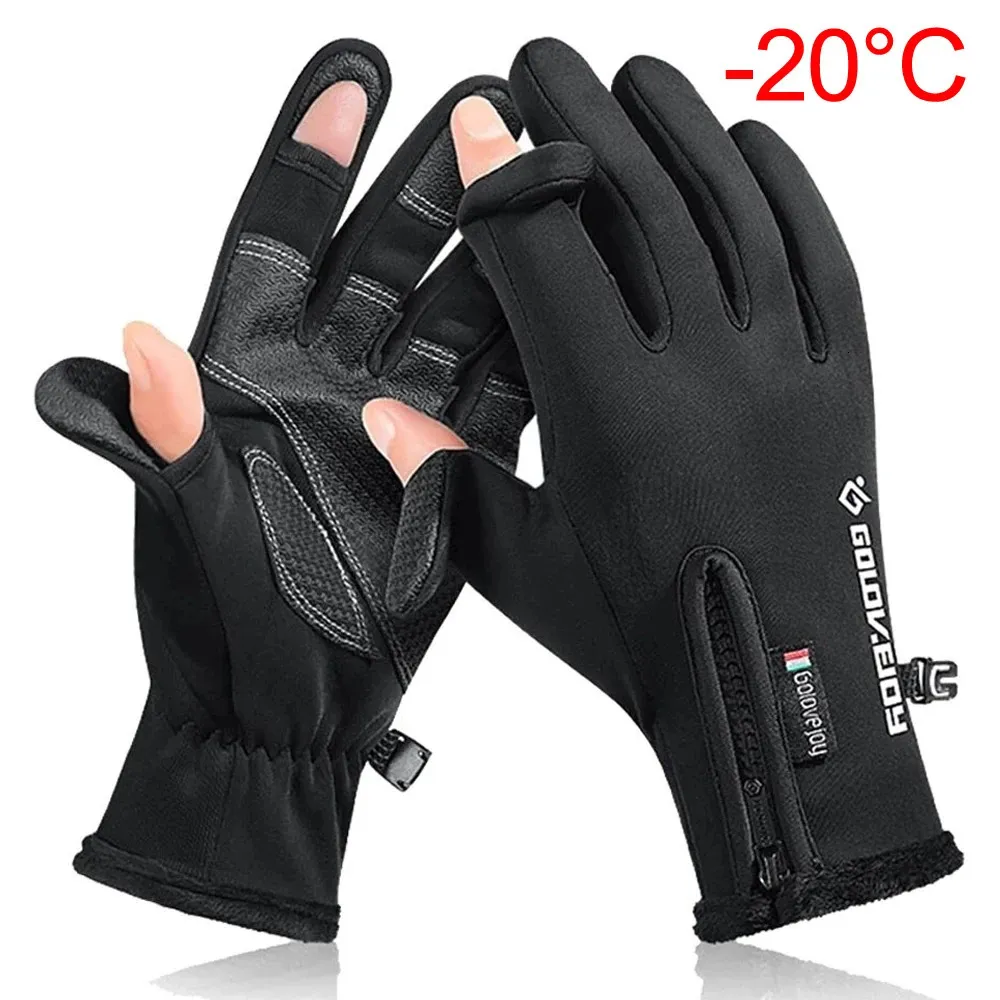 Sports Gloves Waterproof Winter Fishing 2 Finger Flip Windproof Women Men Velvet Warm Protection Fish Angling 231202