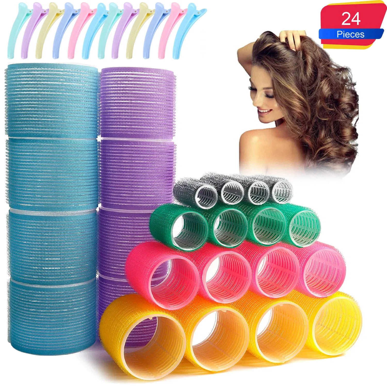 Bigodini per capelli Set di bigodini per capelli grandi con presa automatica 24 pezzi Rullo per capelli pigro senza calore Nessun arricciatura di calore Parrucchiere Strumento per lo styling dell'acconciatura con clip 231202