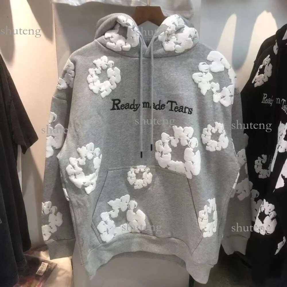 Denim tranen kant-en-klare heren hoodies schuim winter bloem co branded vrouwen bladerdeeg gedrukte noodlijdende Pullover Cap borduurwerk witte Kapok getijden 251