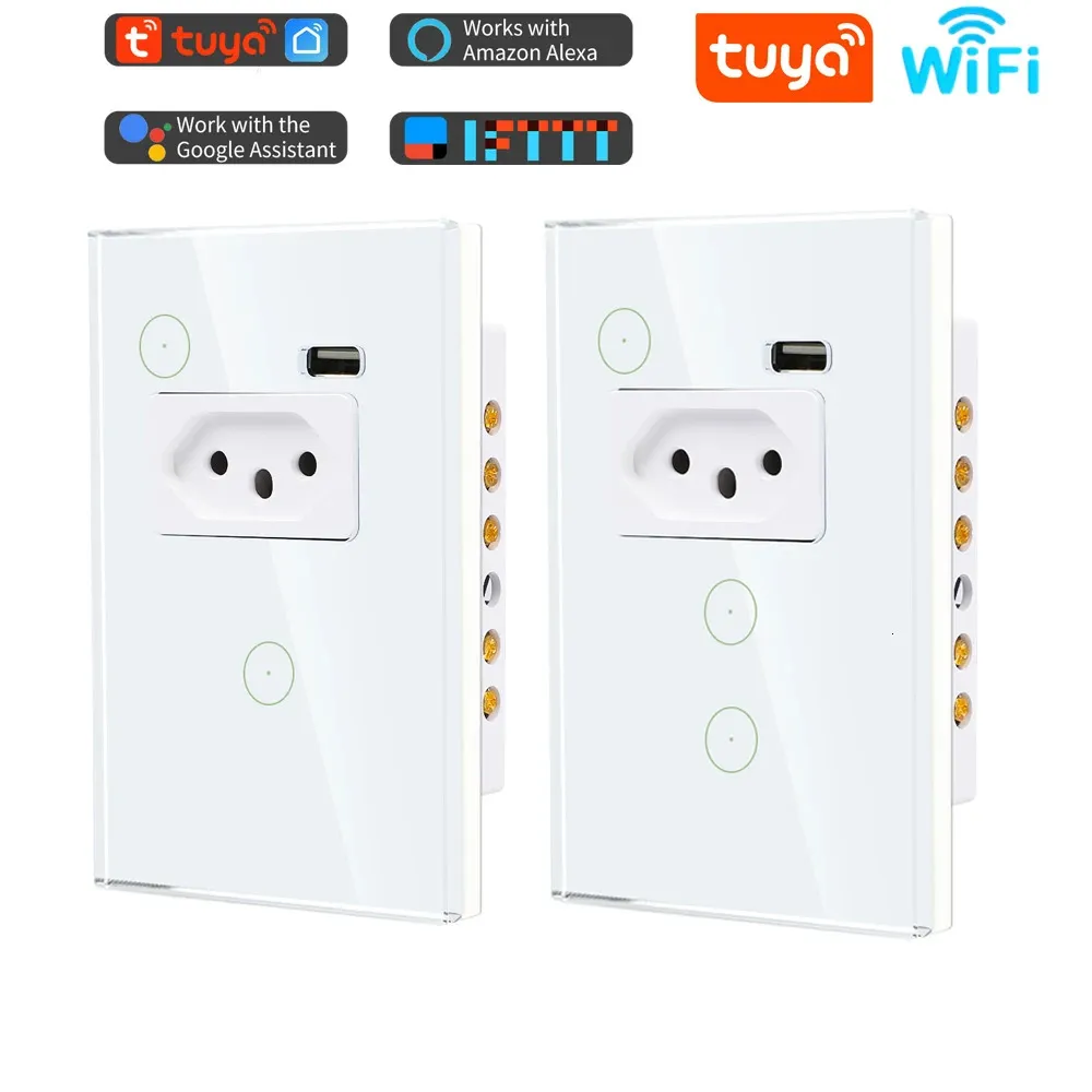 Byt tillbehör WiFi Smart Tuya Brasilien Ljus Switch Wall Socket Brasiliansk Plug Brasil Outlet Glass Panel Arbetet med Intelligent Alexa Google Home 231202