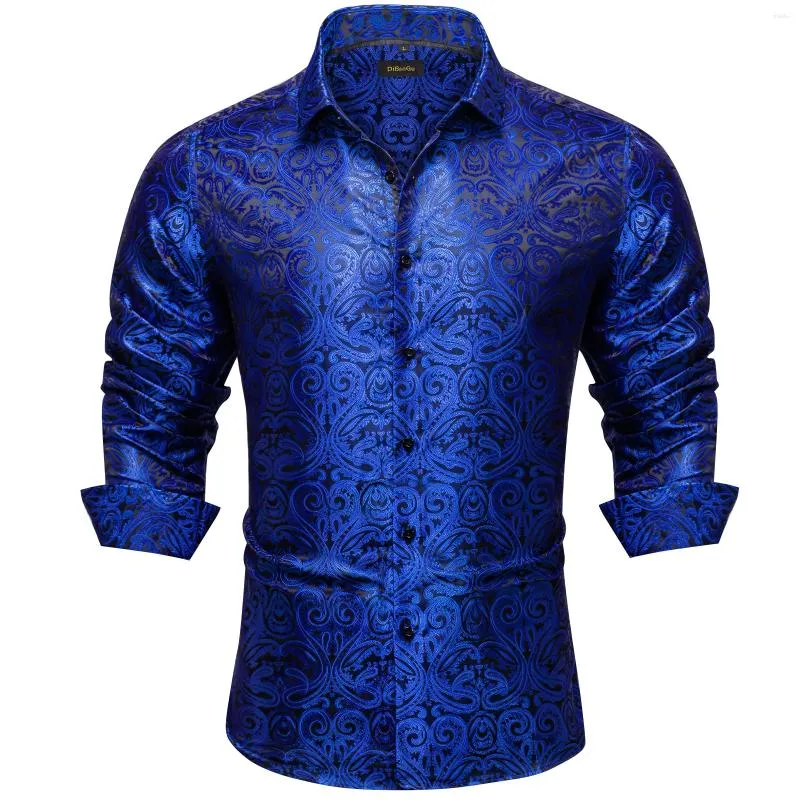 Chemises habillées pour hommes Royal Blue Paisley Polyester de soie solide pour hommes à manches longues fête de mariage bouton de bal col et chemisier