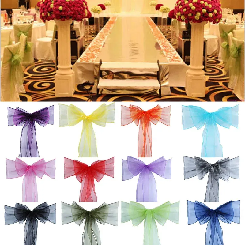SASHES 50st Högkvalitativt Organza -stol Sash Bow för bankett Wedding Party Event Xmas Decoration Sheer Fabric Supply 18cm*275cm 231202