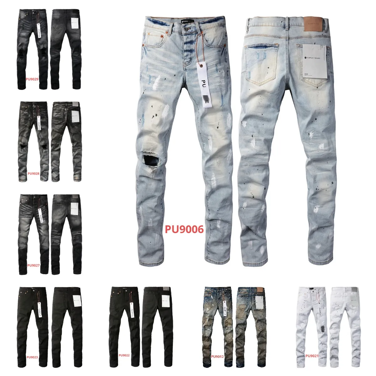 Designer jeans purple jeans trendy fashion letter embroidery skinny jeans washed beggar distressed slim casual versatile jeans men's trendy European and American
