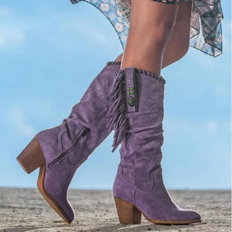 Womens Fashion Cowgirl Boots Blue Tassels Chunky Heel Winter Boots With Side Zip From Factory Cong07 Bulk 30.18 DHgate.Com