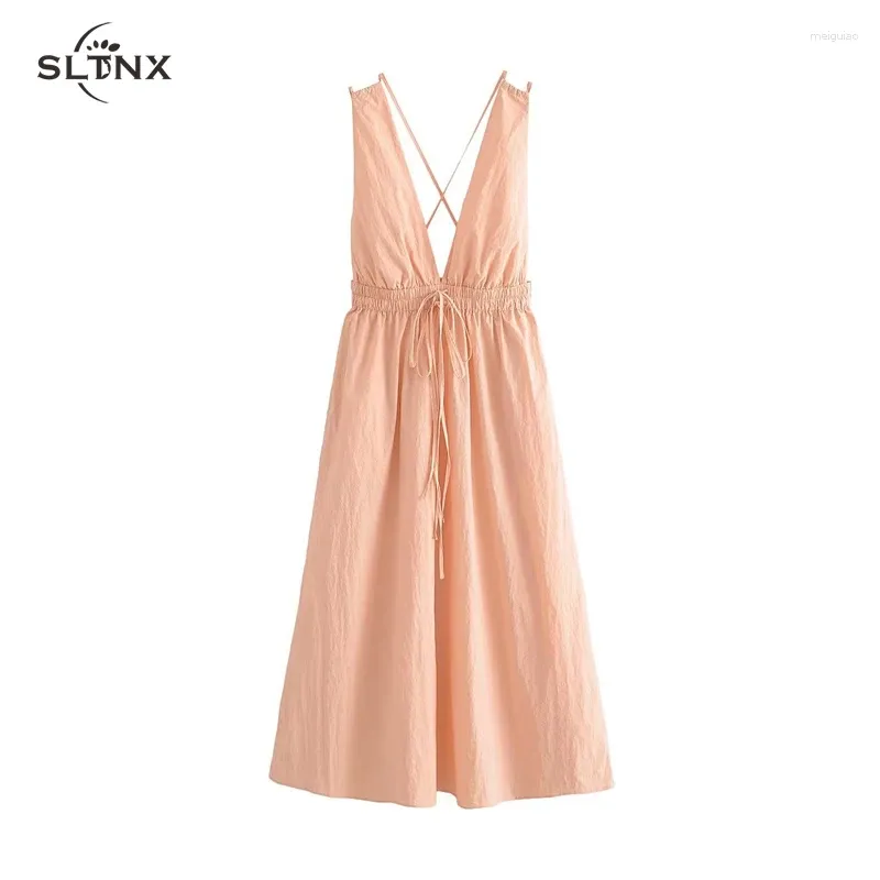 Vestidos casuais sltnx moda 2023 verão mulheres v-pescoço feminino backless sexy midi vestido senhoras lace up em solto