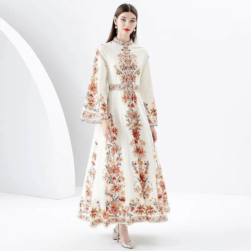 Flare Sleeve Linen Blend Maxi Dress for Women with Stand Collar and Floral  Pattern, Ankle-Length, Autumn from Dhgate Basic & Casual Dresses - price  48.64