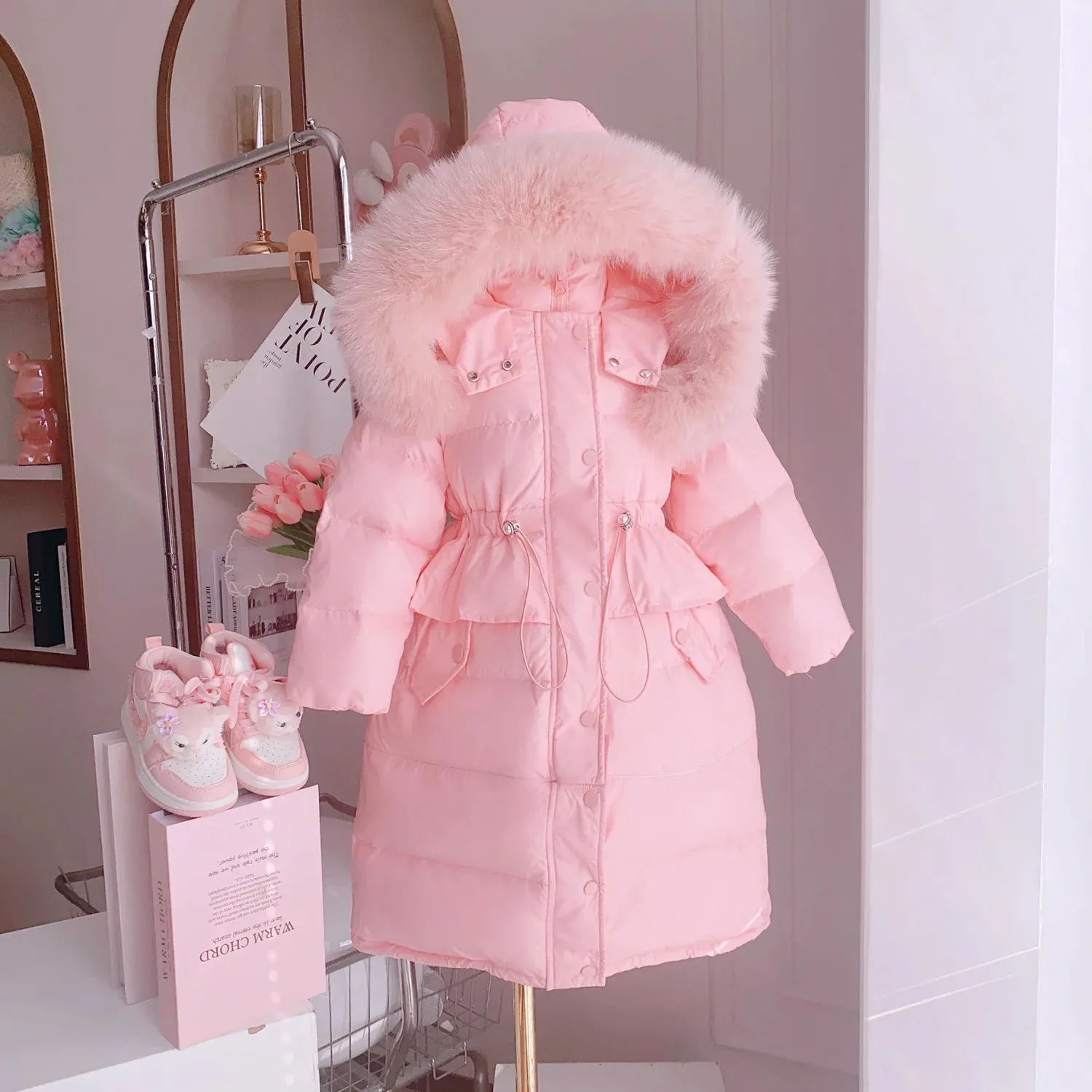 Down Coat Winter Girls Long Down Jackets Hooded Big Fur Collar Kids Parkas Barn Kläder Teen Windproof Thicken Warm Coats 231202