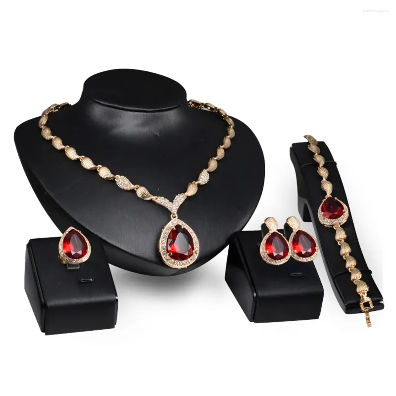 Necklace Earrings Set 4 Pcs Gold Plated Jewelry Water Drop Women Bracelet Ring Miss