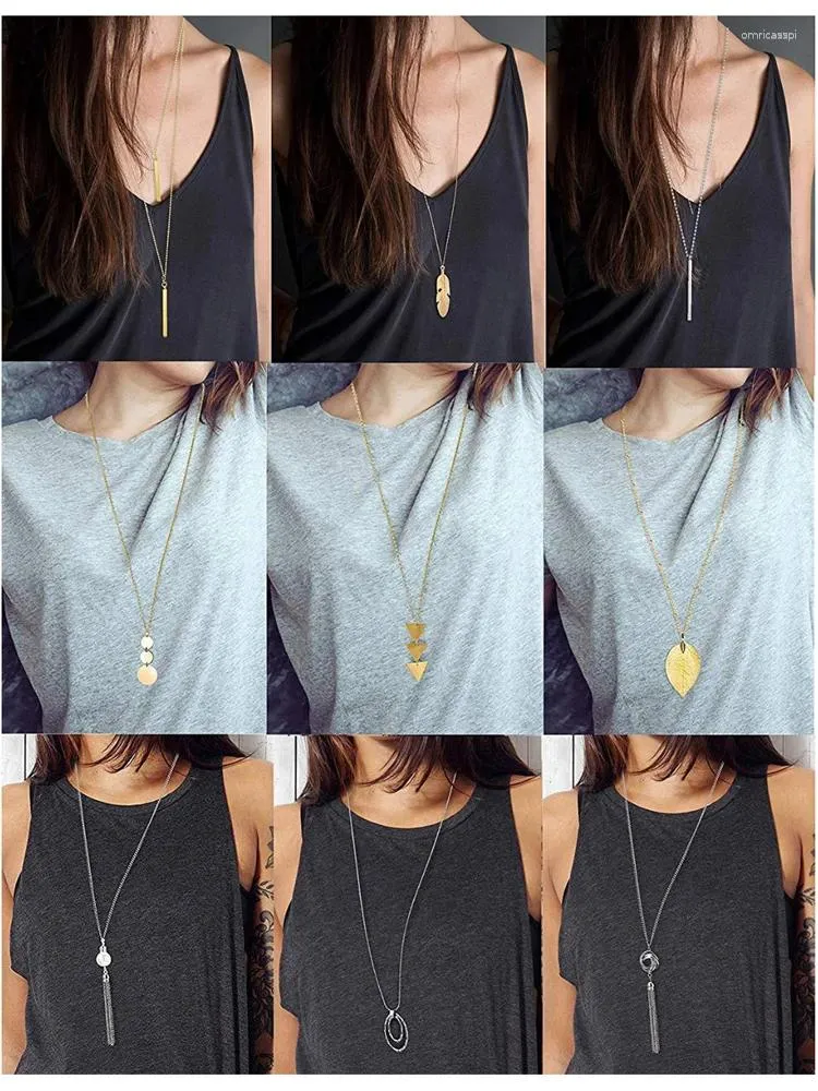 Pendant Necklaces Long Sweater Necklace 9pcs/set Feather Leaf Bar Disc Tassel Oval-shape Triangle Silver Color Gold Plated