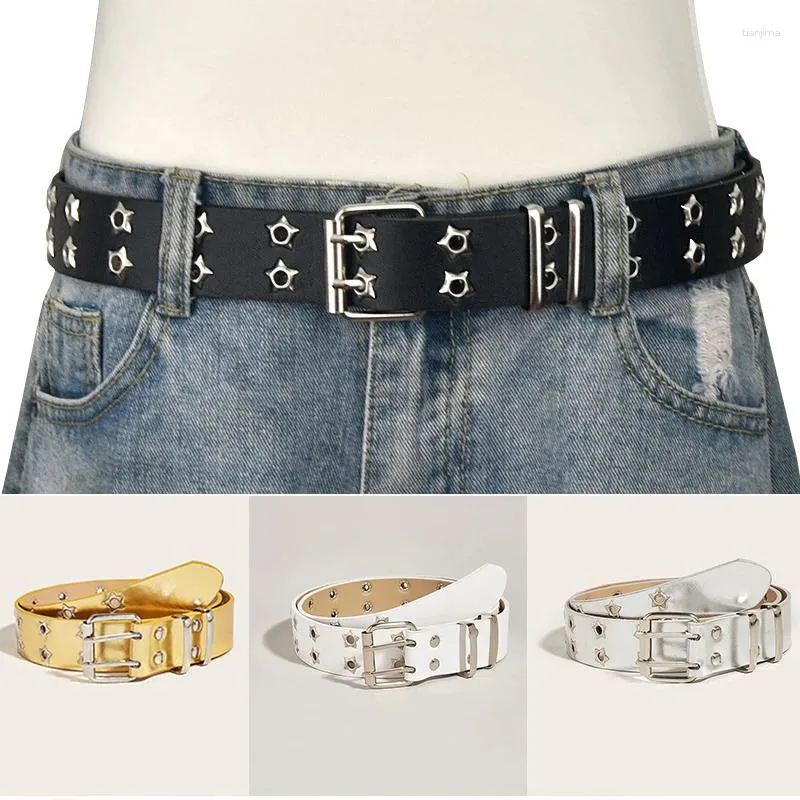 Belts Goth Style Women Waist Belt Star Eye Rivet Double Eyelet Grommet Metal Buckle PU Leather Adjustable Strap
