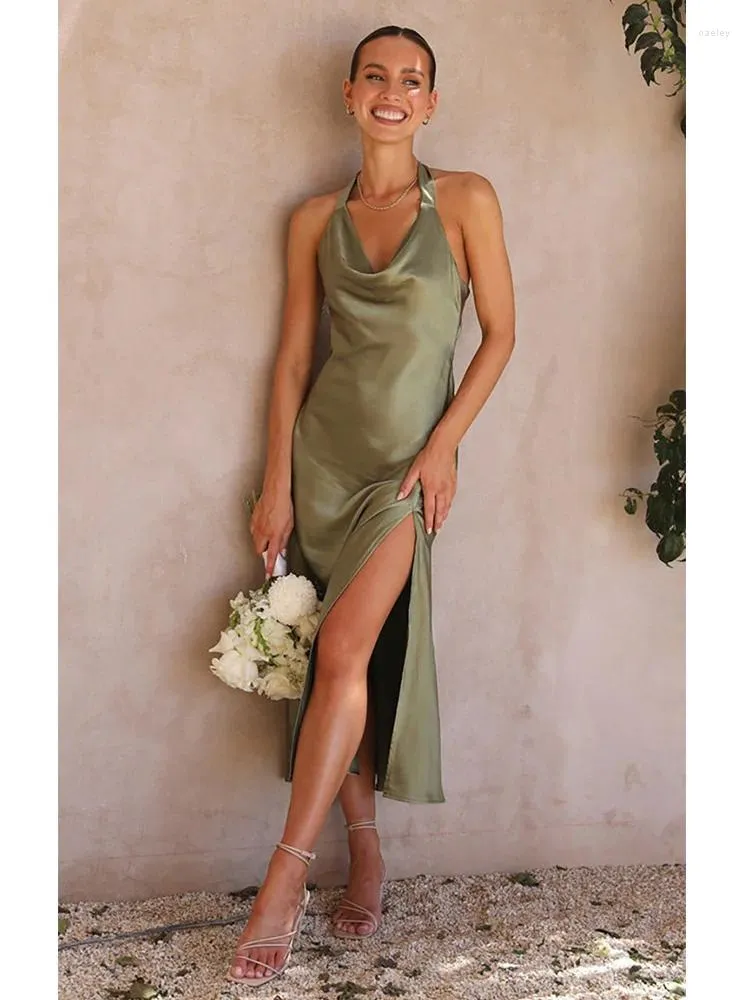 Casual Dresses Foridol Backless Sexy Halter Satin Party Dress Women Elegant V Neck Sleeveless Green Slit Bowknot Bind Sundress 2024