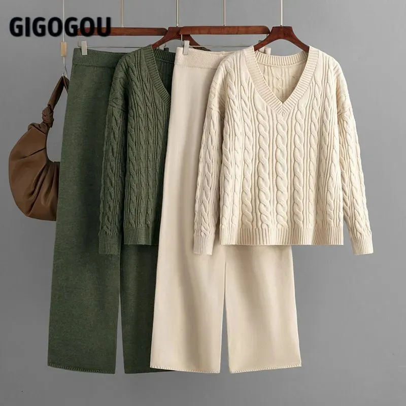 Womens Two Piece Pants Gigogou Cable Twist Sweatshirt Vneck Knitted Flower SweaterWide Leg Set 22piece Trousers 231202