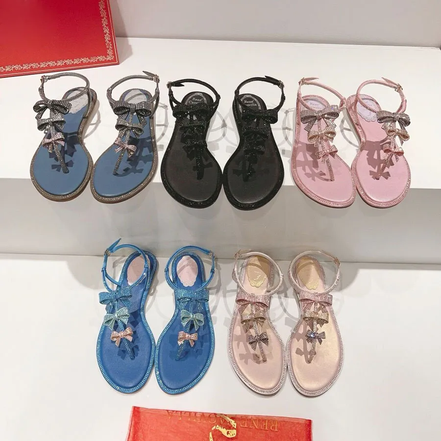 最高品質のRene Caovilla Sandalsフラットボトムピンチトゥー贅沢デザイナーシューズボウクリスタルアンクルストラップバックルカジュアルサンダルスライドサイズ35-42