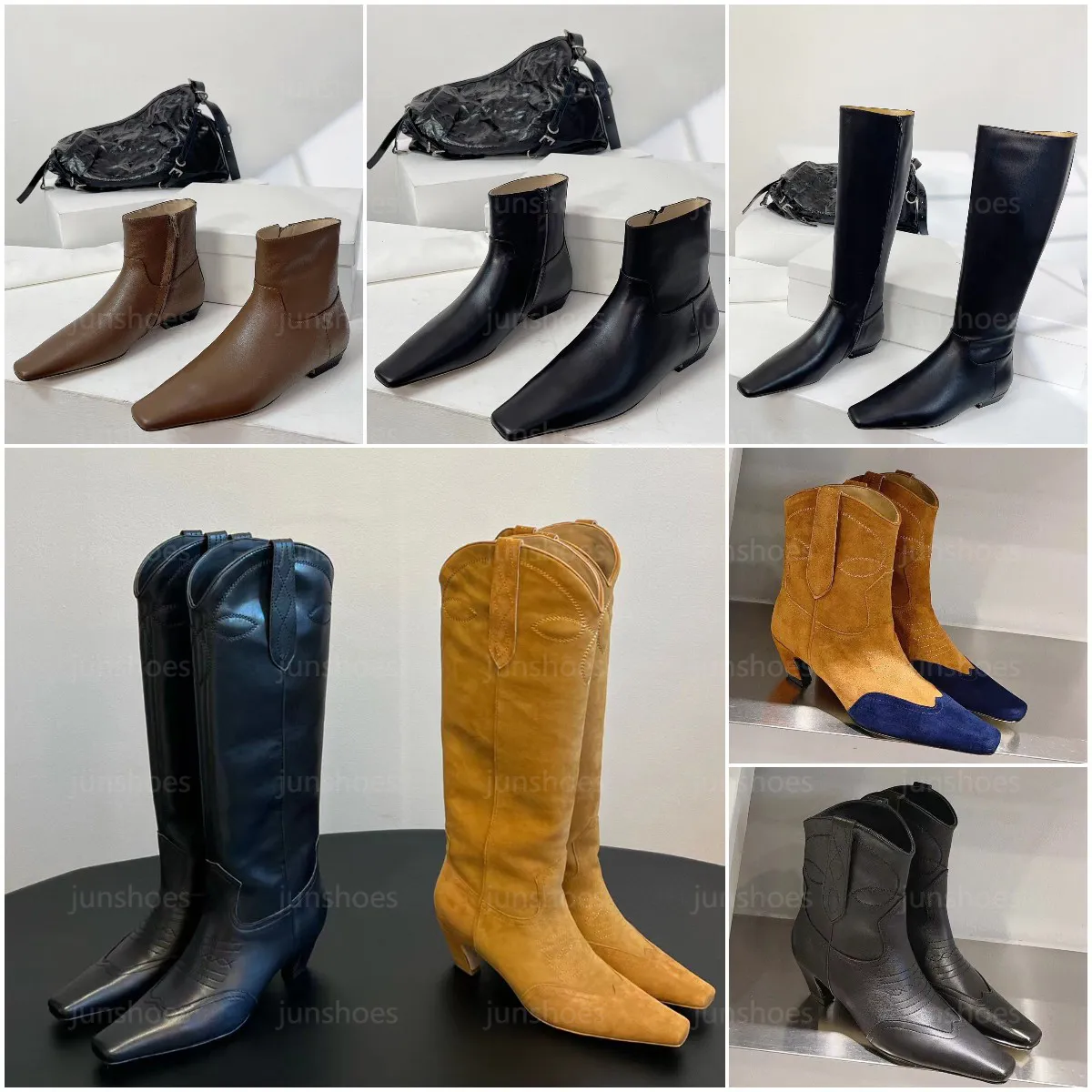 Lüks Khaite Calfskin Süet Kovboy Botlar Moda Kadın Deri Marfa Botları Retro Düşük Topuk Batı Botları Boyut 35-40