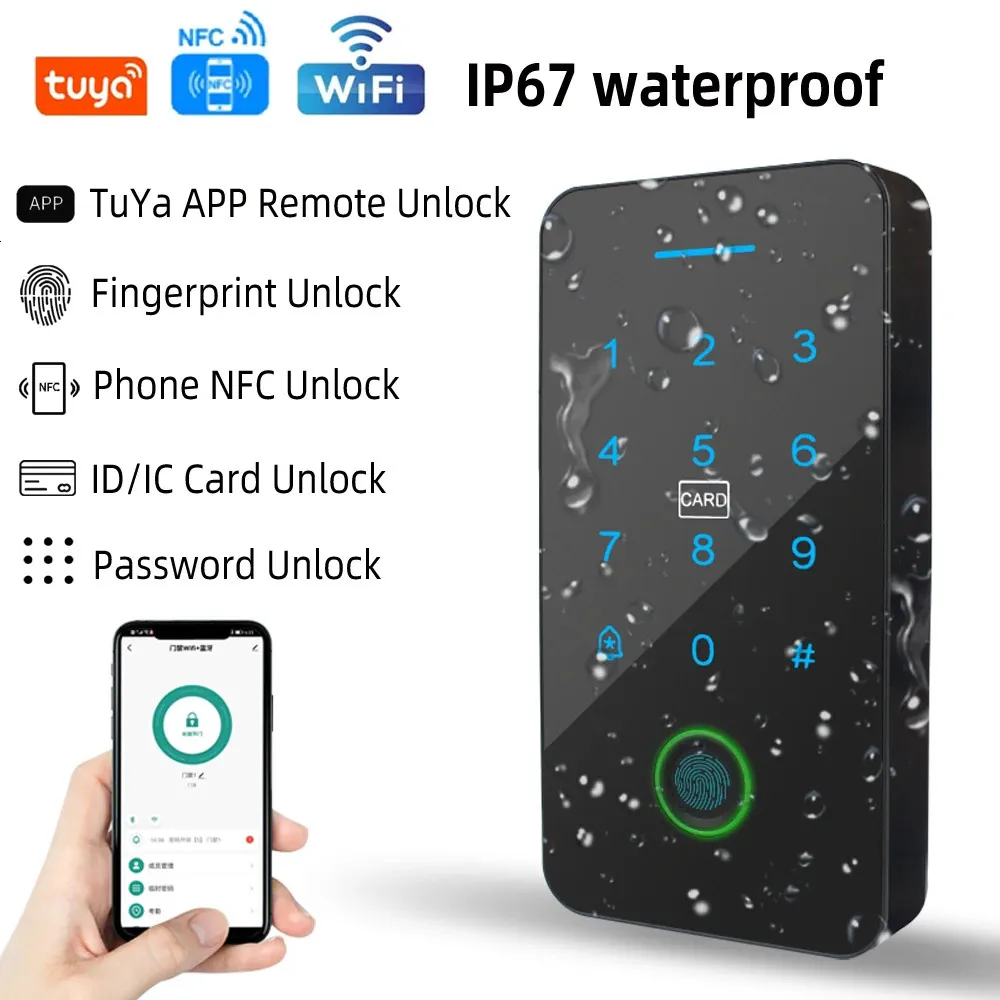 Deursloten TuYa Smart APP Toegangscontrole Machine Mobiele telefoon Ontgrendelen op afstand NFC Vingerafdruk Wachtwoord RFID-kaartslotcontroller IP67 231202