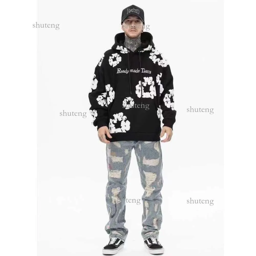 Men's Hoodies Winter Readymade Foam Flower Co Branded Denim Tears Women Puff Printed Distressed Pullover Cap Embroidery White Kapok Tidal 599