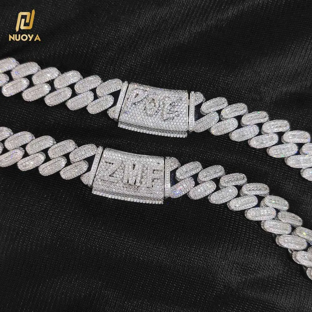 Nuoya 18 mm Bling Baguette Diamant Kubanische Gliederkette Hiphop Custom Silber Halskette für Männer Rapper Schmuck