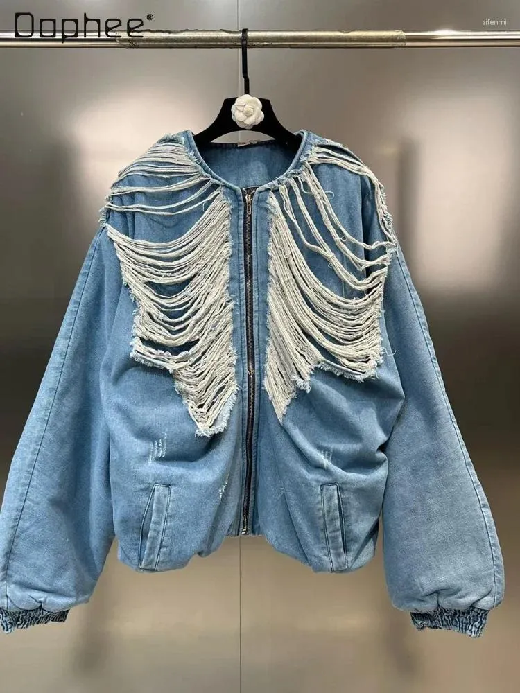 Casacos de Trench das Mulheres Mulher Rasgado Algodão Acolchoado Azul Jean Jaqueta 2023 Inverno Fresco Solto Tripulação Pescoço Bolha Manga Longa Denim Casaco para Mulheres