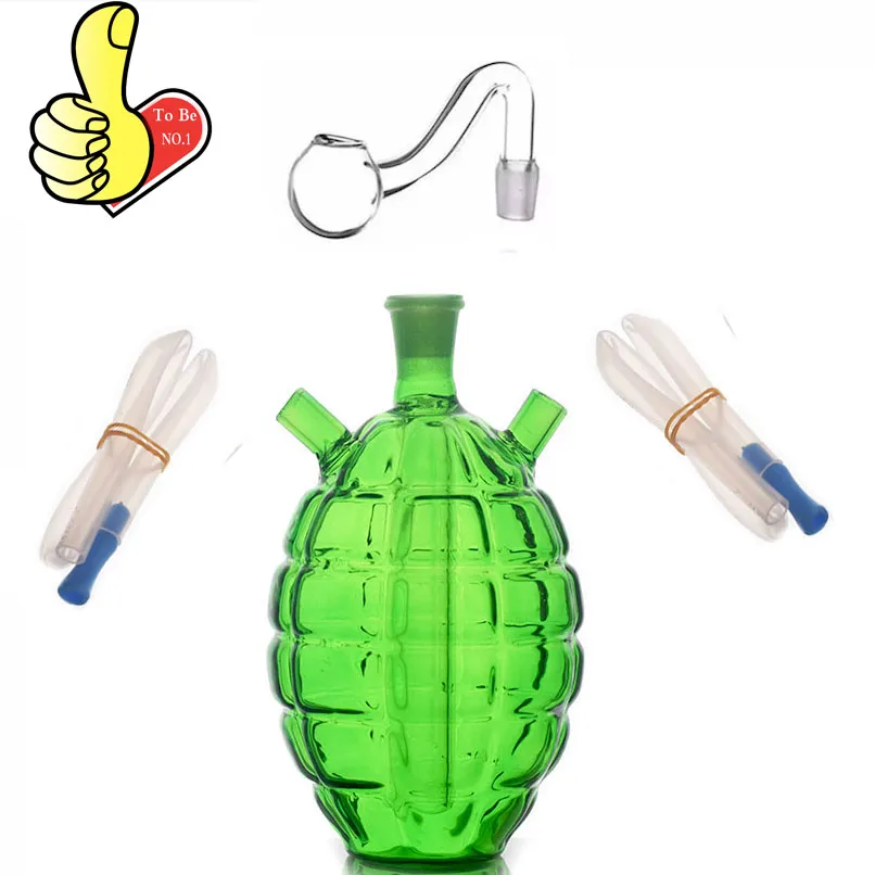 Wholesale Green grenade Shape hookah Temu Best sale glass water dab rig bong with oil burner bowl and double joint Silicone hose straw