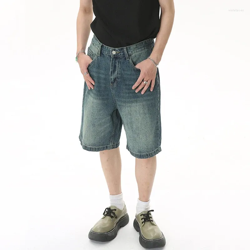 Herr shorts sommar avslappnad jeans lösa mitten hög midja mode knä lenght denim korta byxor vintage manlig korea w027