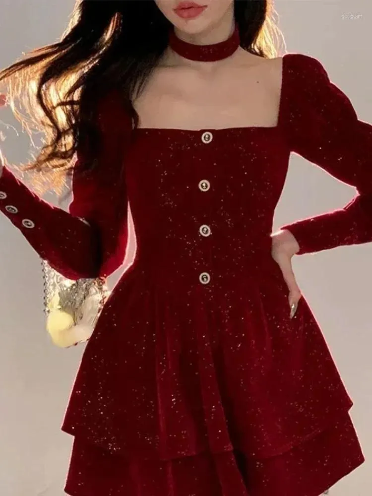 Casual Dresses Autumn Winter Christmas Red Gold Elegant Velvet For Women Frent Vintage Mini Dress Korean Fashion Party Y2K Black