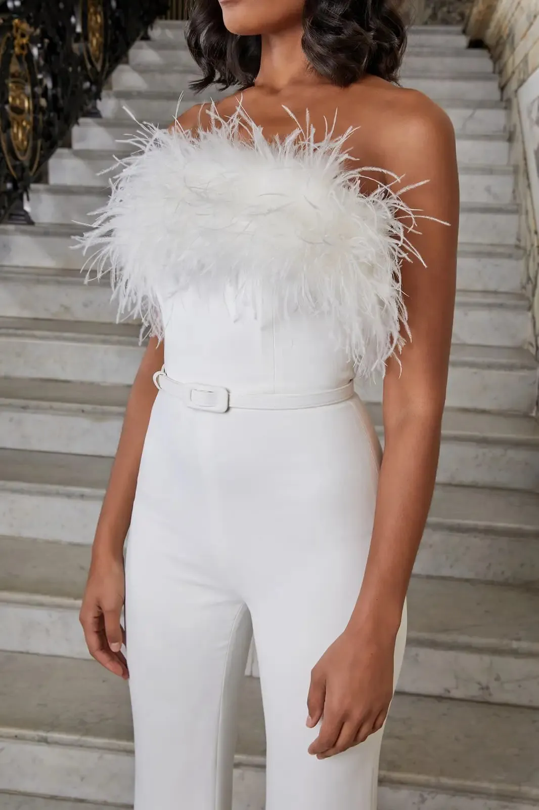 Women's Jumpsuits Rompers White Jumpsuits for Women Feather Tube Top Sexy Fashion Romper Evening Party Clothing Pants with Belt Elegant Ladies Jumpsuit 231202