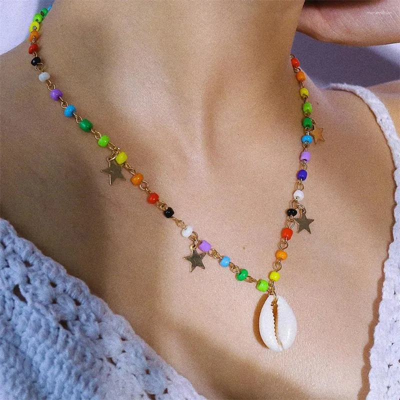 Pendentif Colliers Mode Coloré Riz Perle Chaîne Star Shell Collier Pour Femmes Femelle Vintage À La Main Simple Mignon Plage Ras Du Cou Bijoux