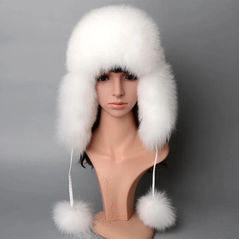 Beanieskull bonés 100% chapéu de pele real feminino russo ushanka trapper neve esqui chapéu bonés earflap inverno pele de guaxinim bombardeiro chapéu 231202