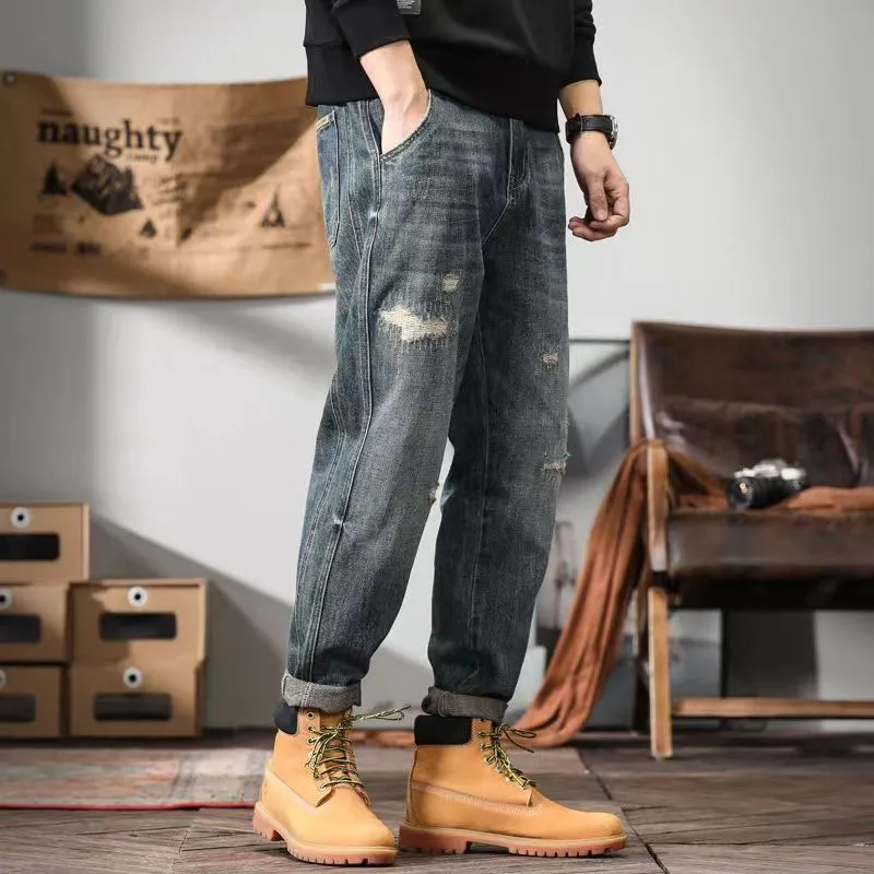 Américain classique rétro jeans décontractés hommes lâche tube droit mode pantalon automne pierre lavage simple pantalon 5