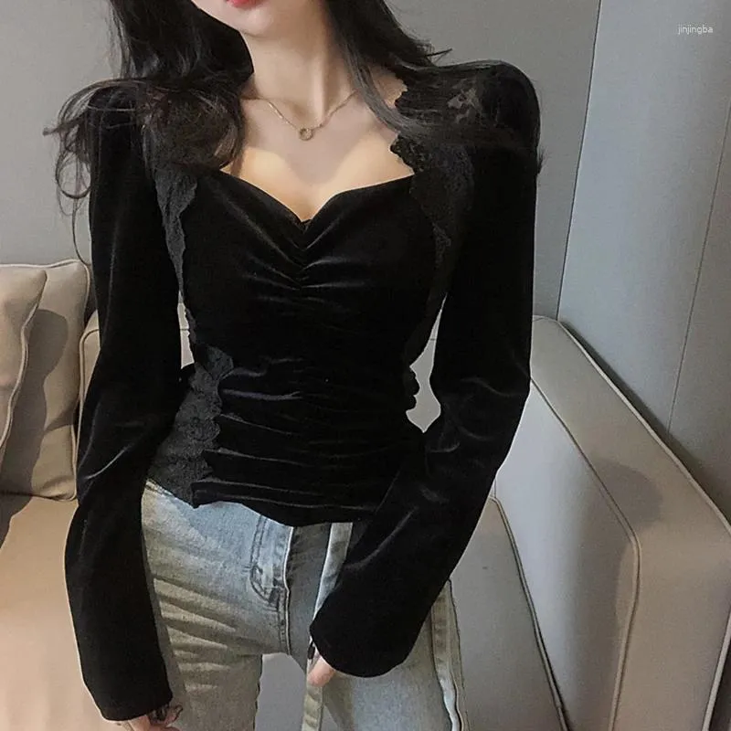Women's Blouses 2023 Sexy Black Lace Patchwork Shirt Woman Spring Autumn Mesh Velvet Bottoming Top Women Korean Temperament Slim Fit