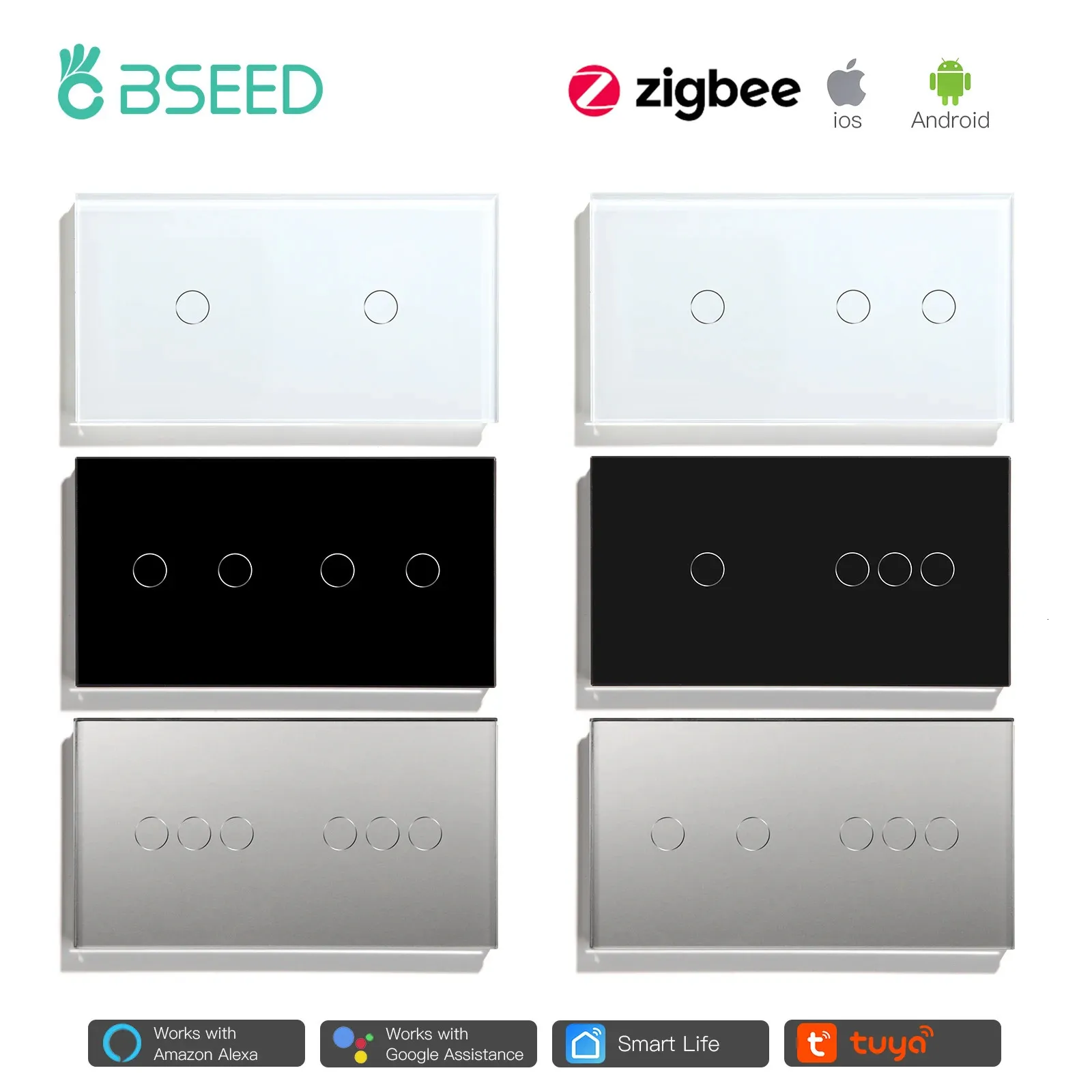 Interruptores Acessórios Bseed Zigbee 23456Gang Smart Light Touch Switch Single Live Padrão da UE Tuya Life Google Control Crystal Glass Panel 231202