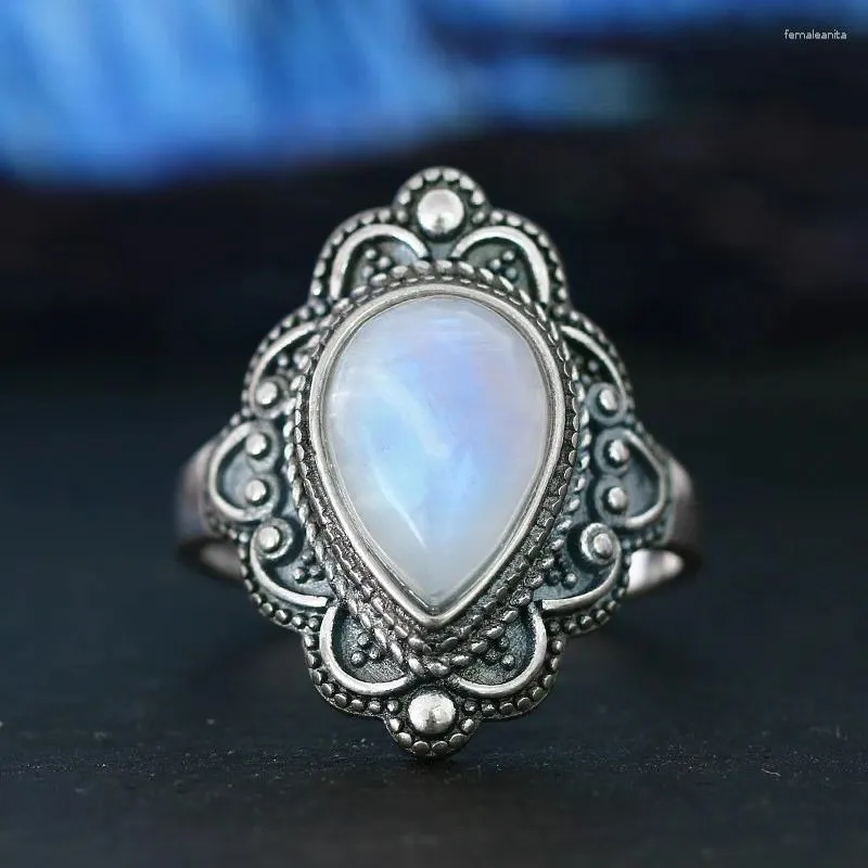 Cluster Rings S925 Sterling Silver Natural Moonstone Lapis Ring for Women Vintage Gemstone Gift Fine Jewelry