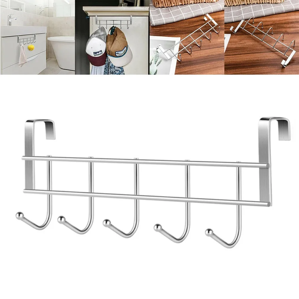 Hooks Rails 5 Over The Door Stainless Steel Hanger Clothes Towel Storage Holder Bathroom Organizer Rack Coat Hat 231202