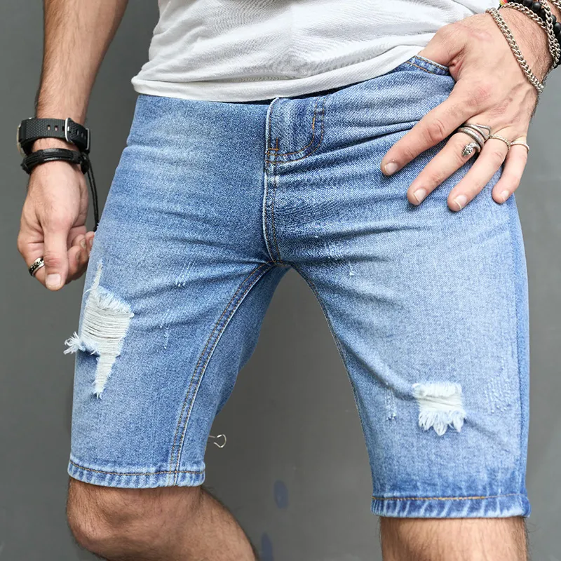 Män korta jean denim byxor rippade nödläge knälängd mitten midja hål orsakande fashional blekt repade shorts