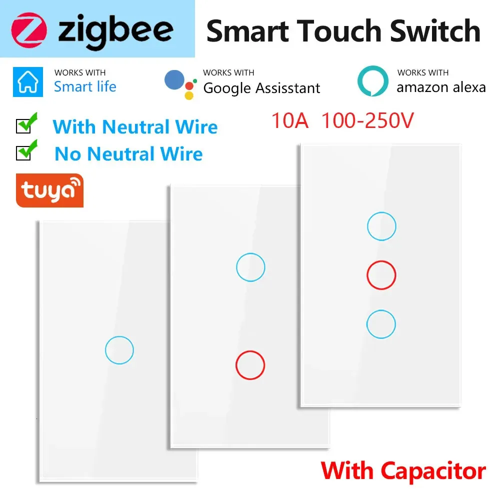 Switches Accessories ZigBee Smart Touch Switch 123 Gang med kondensatorvägg Ljus Glaspanel Hemtelefon Remote Control Tuya App Useu 231202