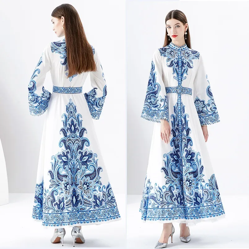 Woman Floral Party Blue Boho Maxi Dress Robe Flare Sleeve Mock Neck Slim High Waist Vintage Elegant Vacation Dresses 2023 Spring Fall Runway Designer Fashion Frocks