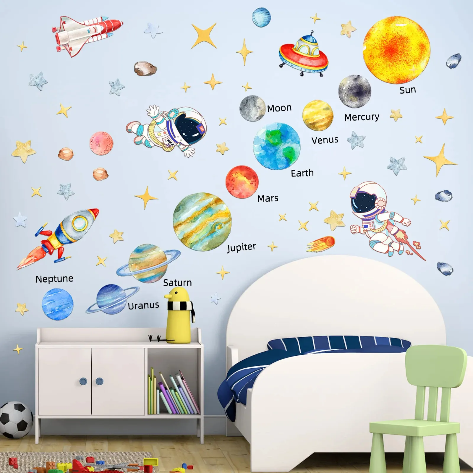 Wandaufkleber Sonnensystem Kinder Astronaut Sterne Aufkleber Dekor für Baby Jungen Mädchen Zimmer Schlafzimmer Wohnzimmer Klassenzimmer 231202