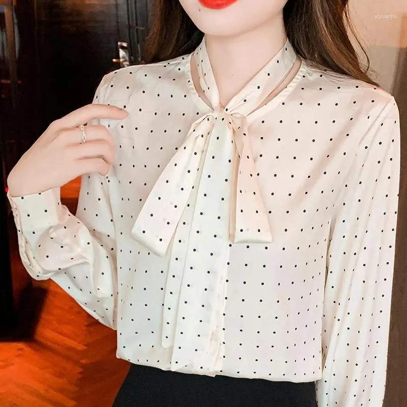 Damskie bluzki bluzka i wierzch elegancka moda z długim rękawem Ruffle Polka Dot Bow Office Lady Blusas Mujer Drop