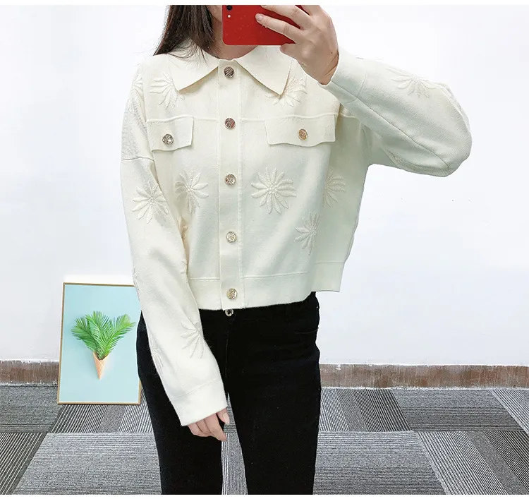 Sandro Flower Embroidered Knit Cardigan Jacket Short Sleeve