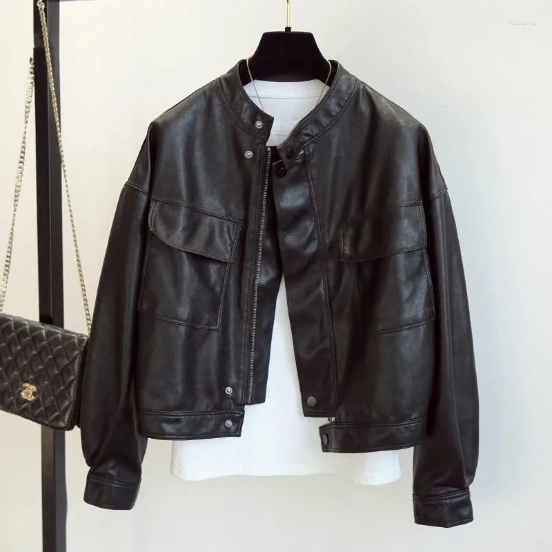 Lagabogy – veste en cuir Pu pour femmes, col montant, fausse veste décontractée, ample, noire, courte, vêtements d'extérieur, Moto Biker, printemps-automne