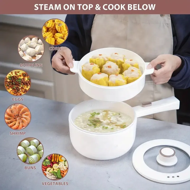 Bear Elektrischer Hot Pot mit Dampfgarer – 1,6 l Schnellnudelkocher und multifunktionaler tragbarer Ramen-Kocher – antihaftbeschichteter Mini-Hot Pot für Steak, Eier, Haferflocken