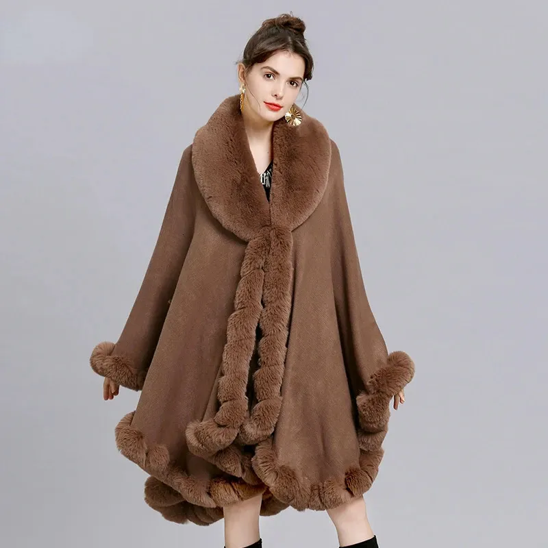 Cappotto in pelle da donna in ecopelle elegante con risvolto a V in finta pelliccia di coniglio Rex Mantella invernale da donna grande scialle lungo completo di pelliccia in maglia mantello soprabito Parka 231202