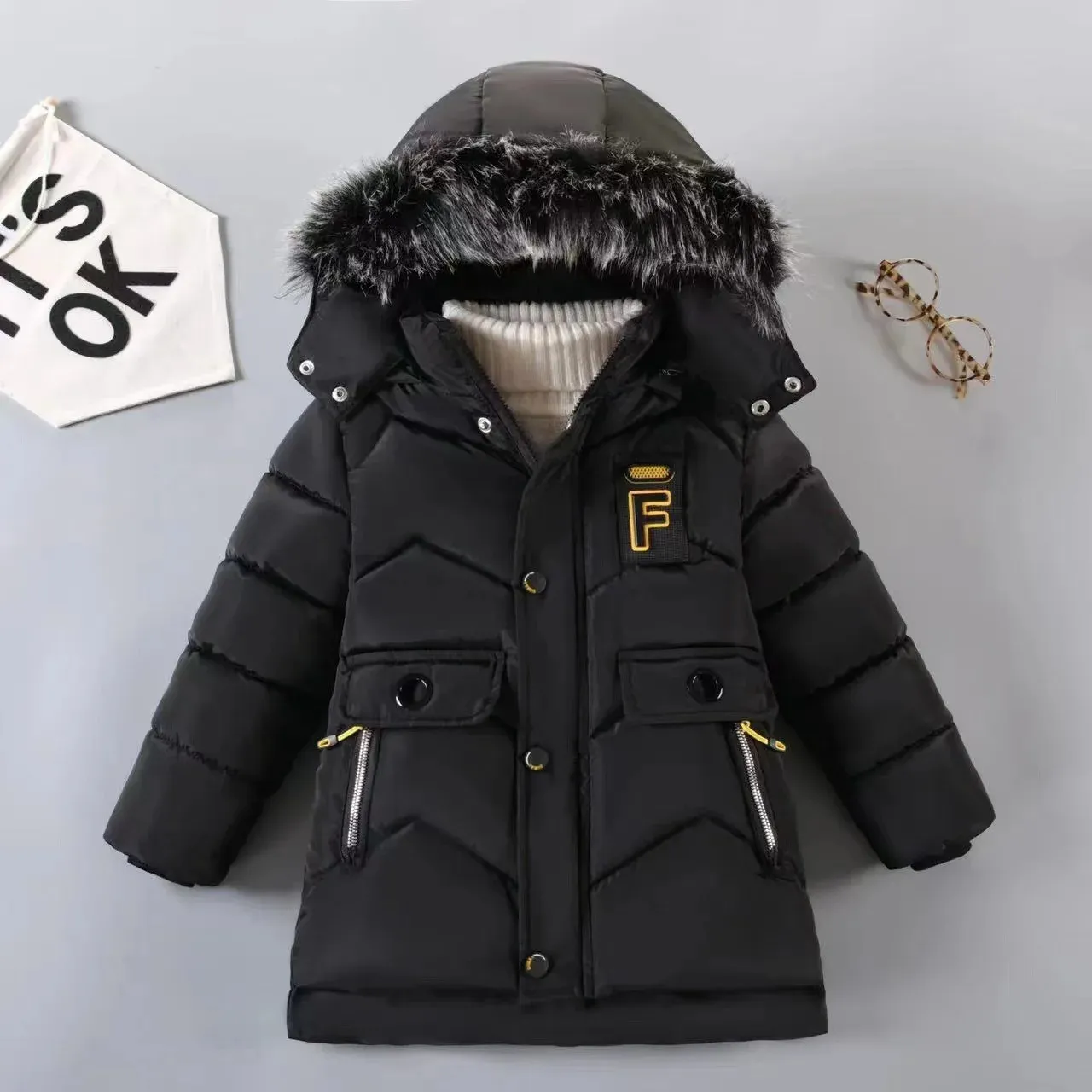 Jackets Style Winter Keep Warm Boys Jacket Letter F Fashion Lining With Plush Fur Collar Hooded Heavy Coat For Kids 231202 From 13 49 DHgate