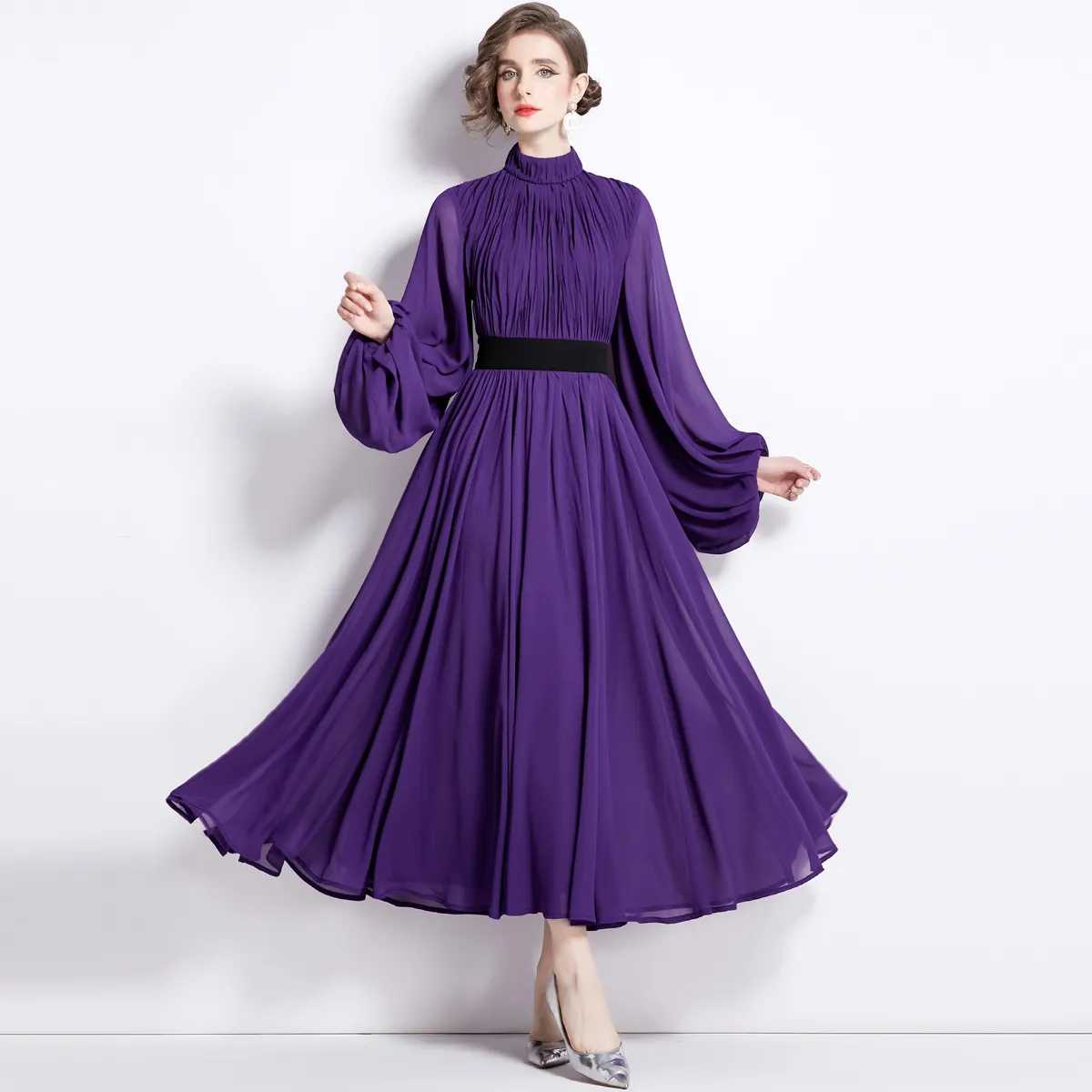 Vestidos casuais 2024 primavera pista lanterna manga chiffon maxi vestido mulheres elegante suporte roxo plissado festa noite vestidos de férias vestes