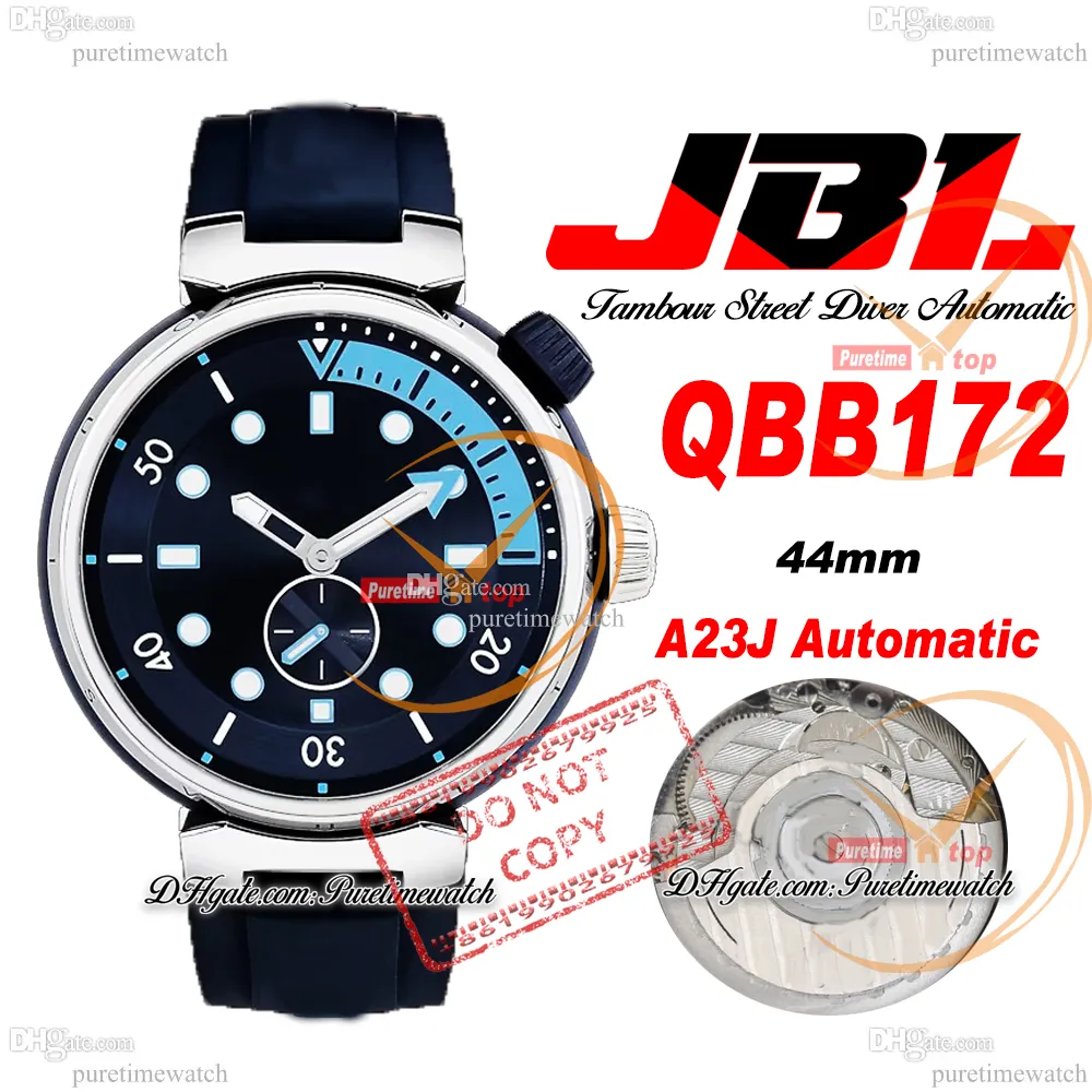 JBL Tambour Street Diver QBB172 A23J Automatisk herrklocka Damklockor 44mm Steel Case Skyline Blue Rubber Strap Super Edition Reloj Hombre Puretime A1